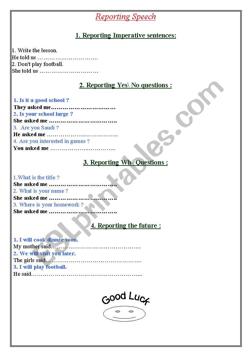 Reported  Speech worksheet