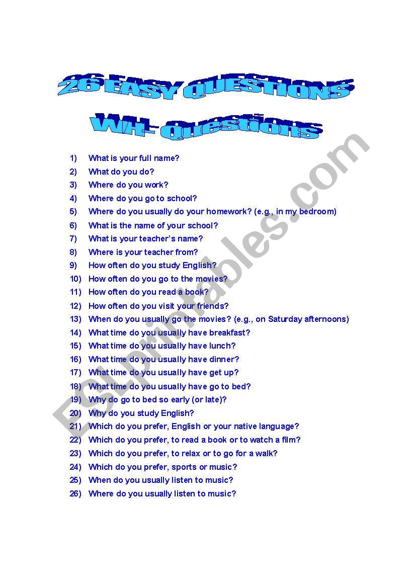 WH- QUESTIONS worksheet