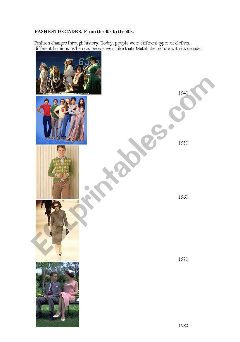 Fashion Decades worksheet