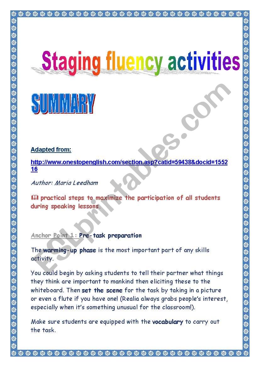 Staging fluency activities (summary)