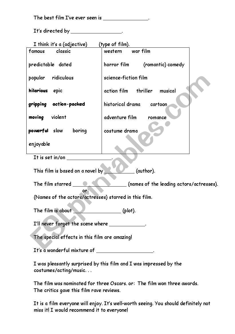 DESCRIBING A FILM worksheet