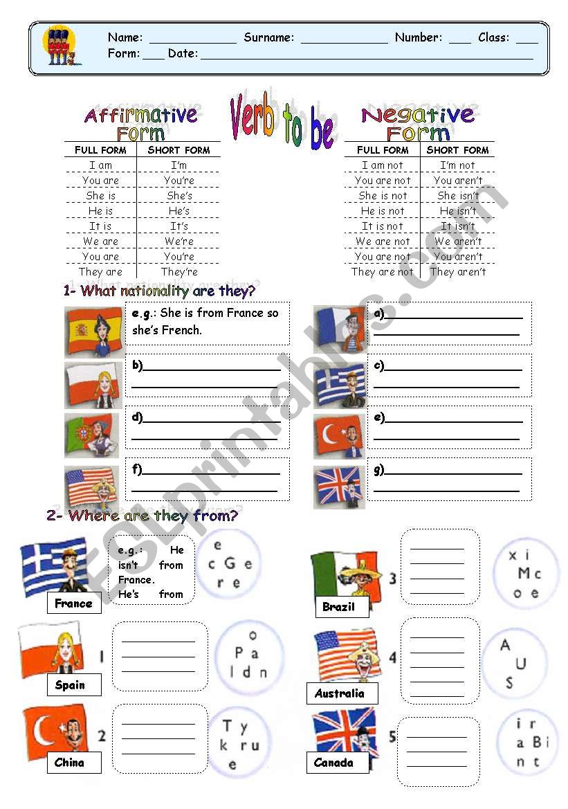 verb to be and nationalities worksheet