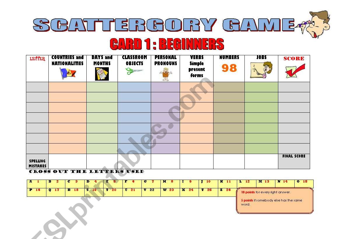 SCATTERGORY GAME PLAYING CARDS :3 PAGES (3 LEVELS: BEGINNERS,INTERMEDIATE AND UPPER-INTERMEDIATE)+INSTRUCTIONS