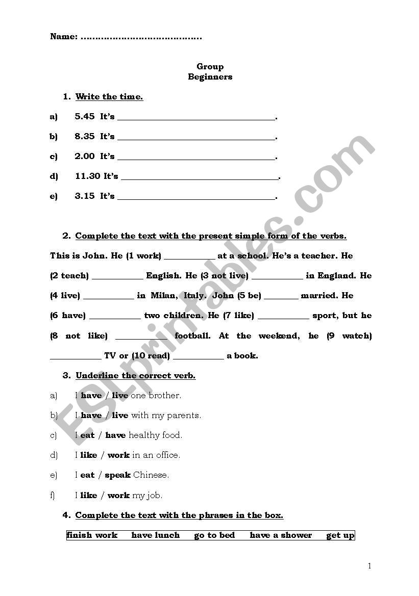 Test For beginners worksheet