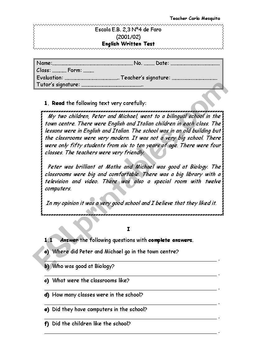 english test - school worksheet