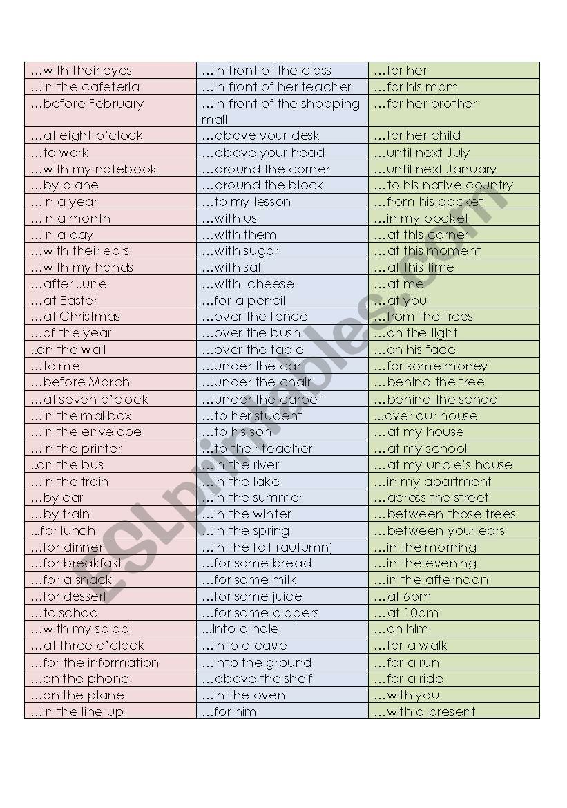 Prepositional Phrases Strips worksheet