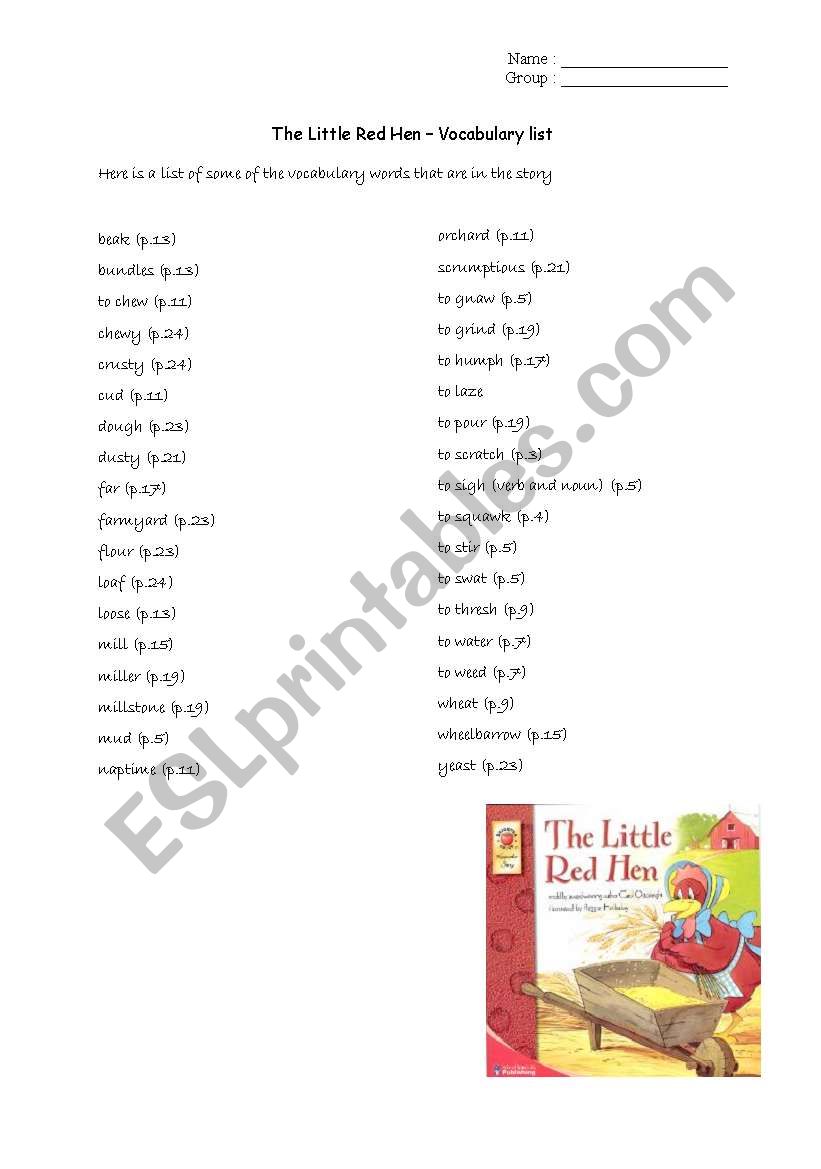 The Little Red Hen - Vocabulary list