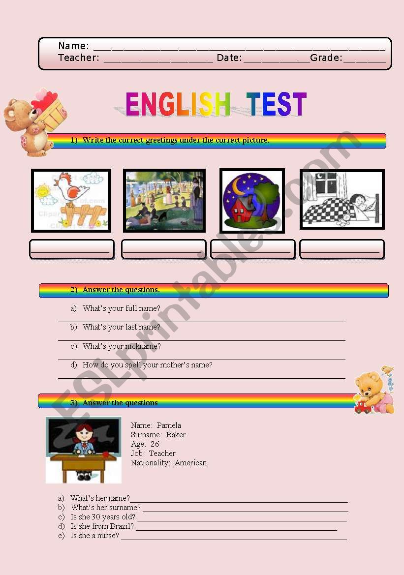 English Test about greetings, verb to be, possessive and demostrative pronouns!!!