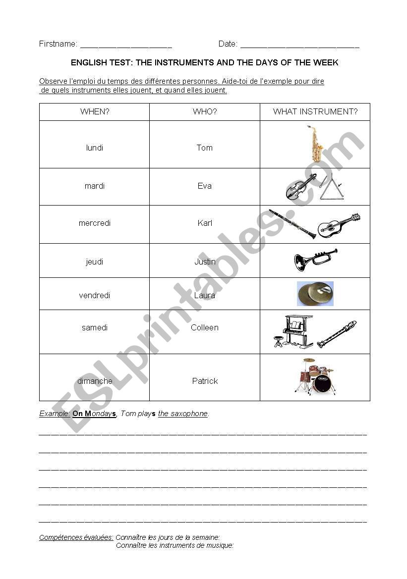 test  music instruments and days of the week