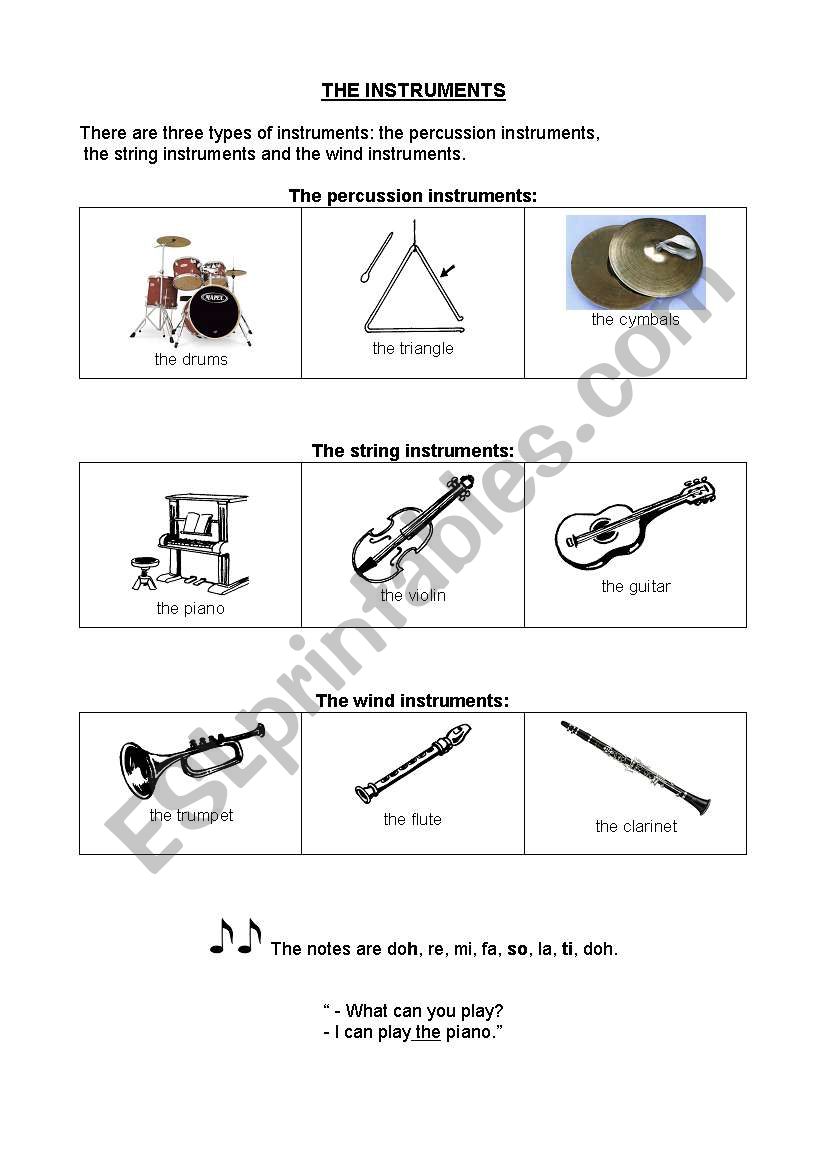 music instrumentsand notes worksheet