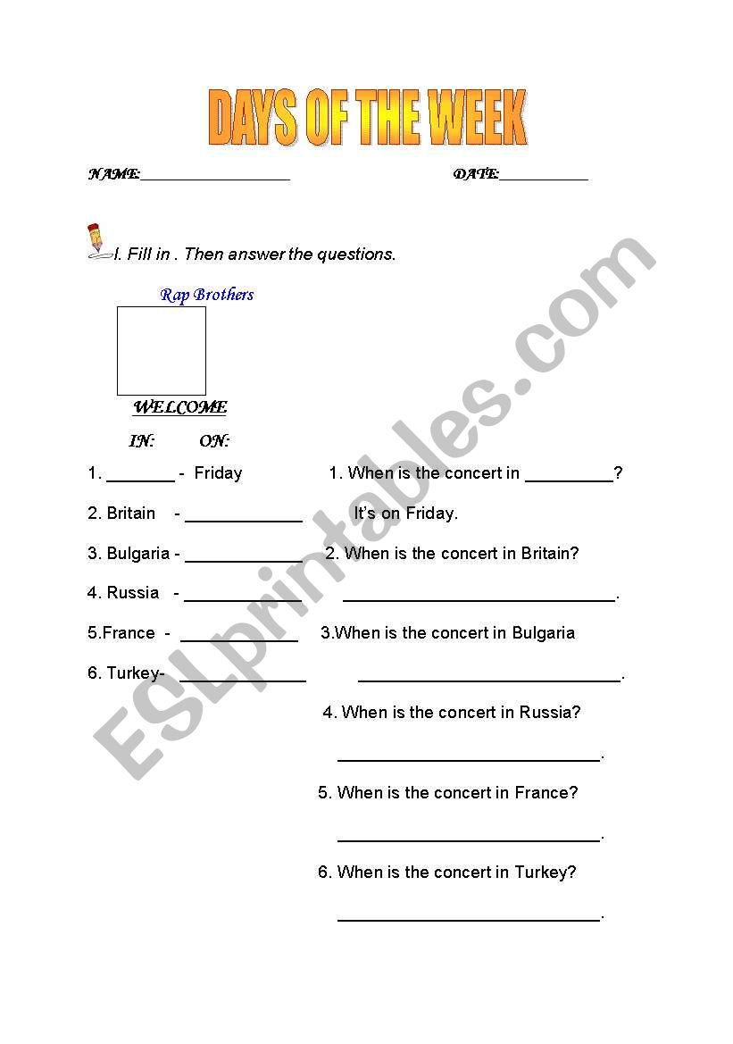 DAYS OF THE WEEK worksheet