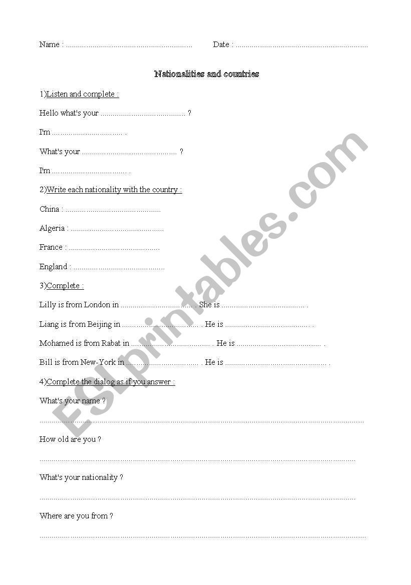 nationality worksheet
