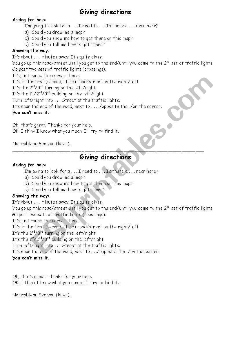 GIVING DIRECTIONS worksheet