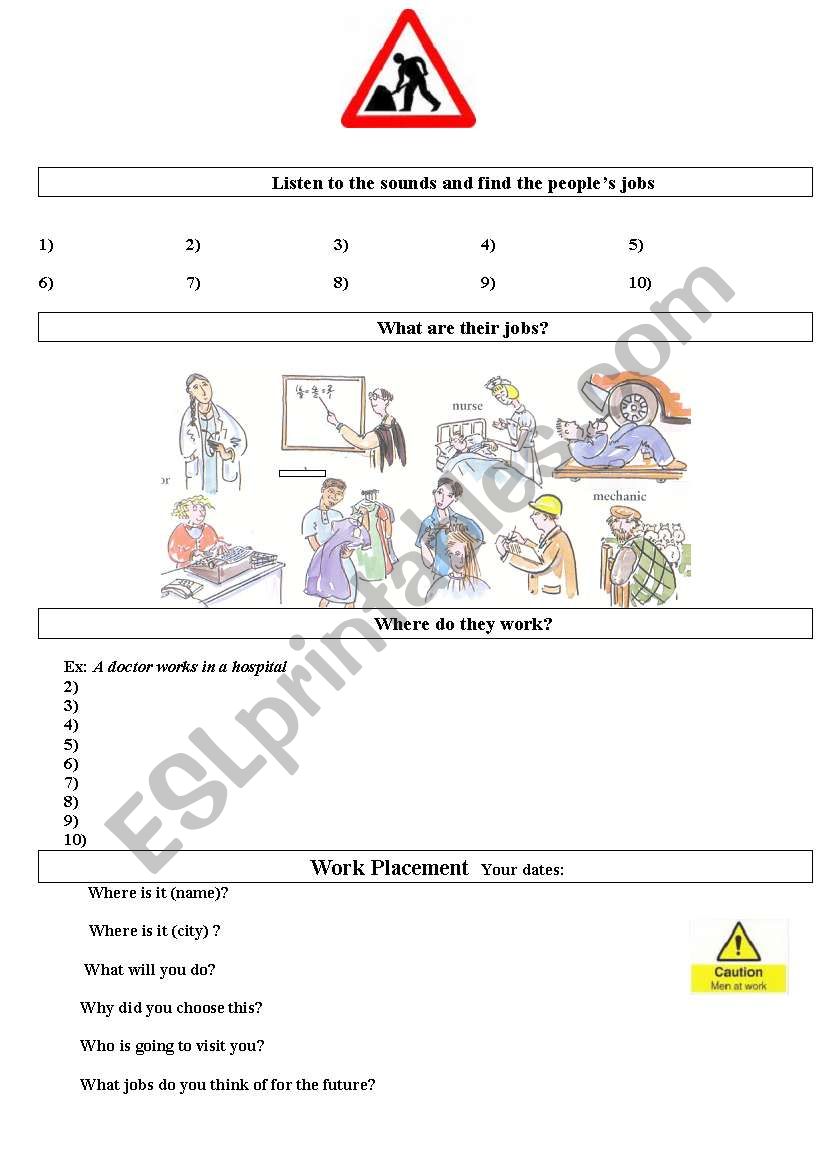 Jobs and work placement worksheet