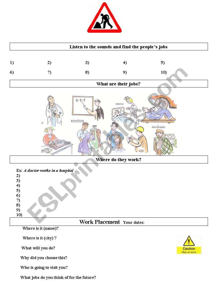 Jobs and work placement worksheet