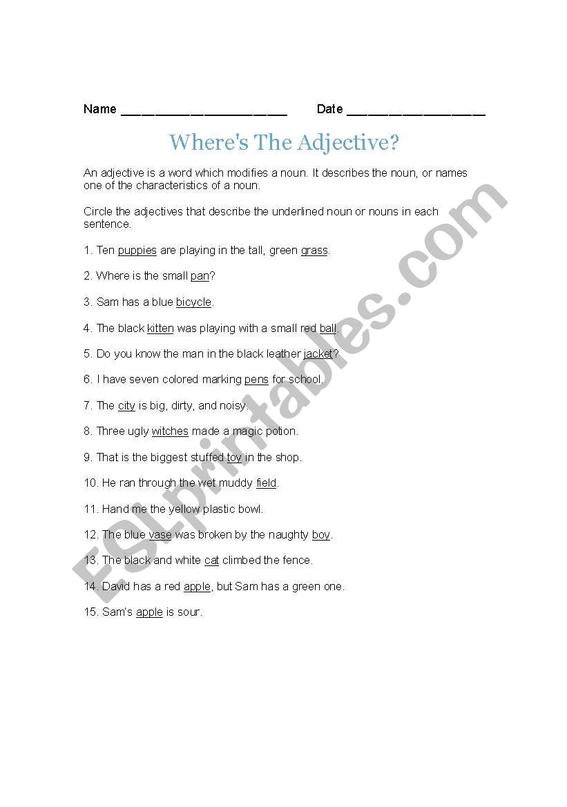 Underline the adjectives worksheet