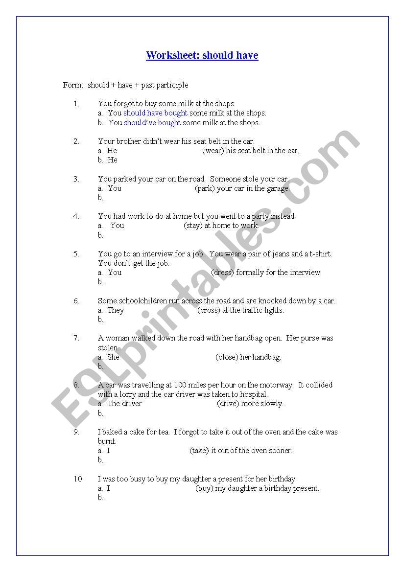 Worksheet on should have worksheet