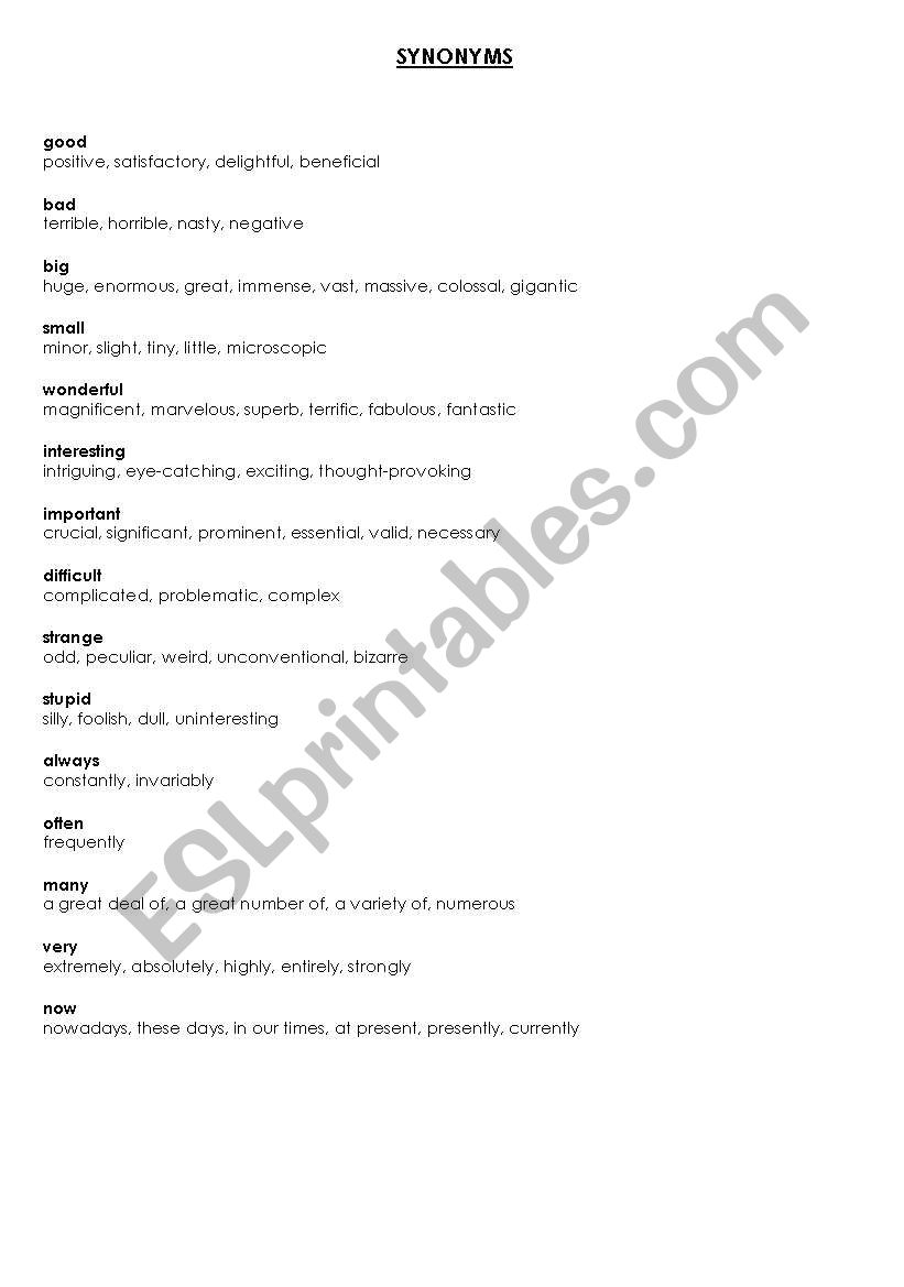 Synonyms worksheet