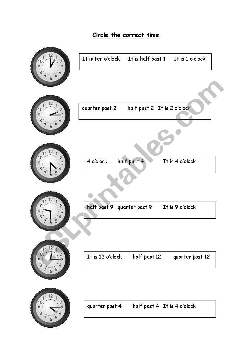 Circle the correct time worksheet