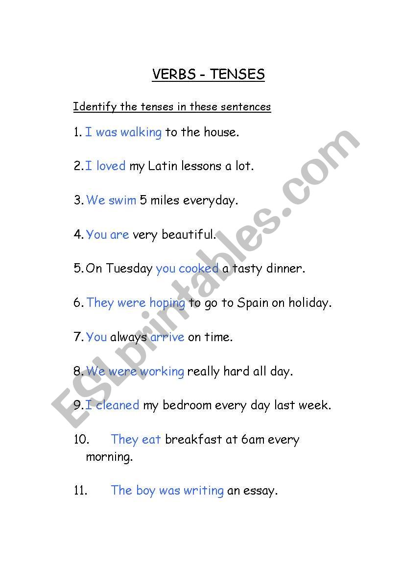 Verbs - Tense Identification worksheet