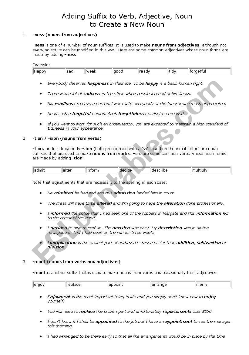 Adding Suffix to Create Noun worksheet