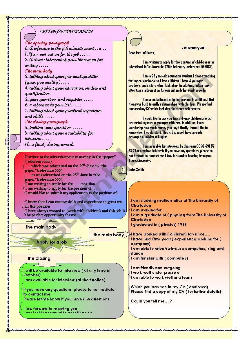Letter of Application worksheet