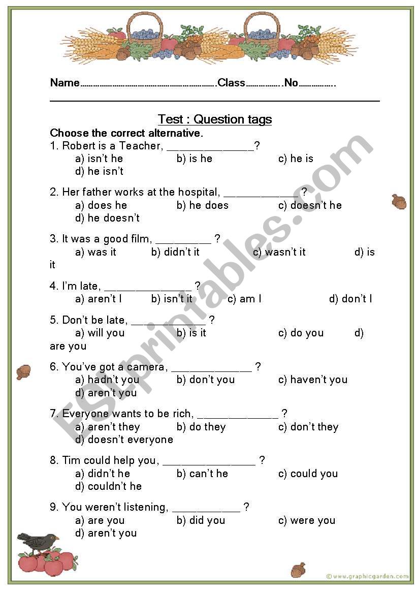 Test : question tags worksheet