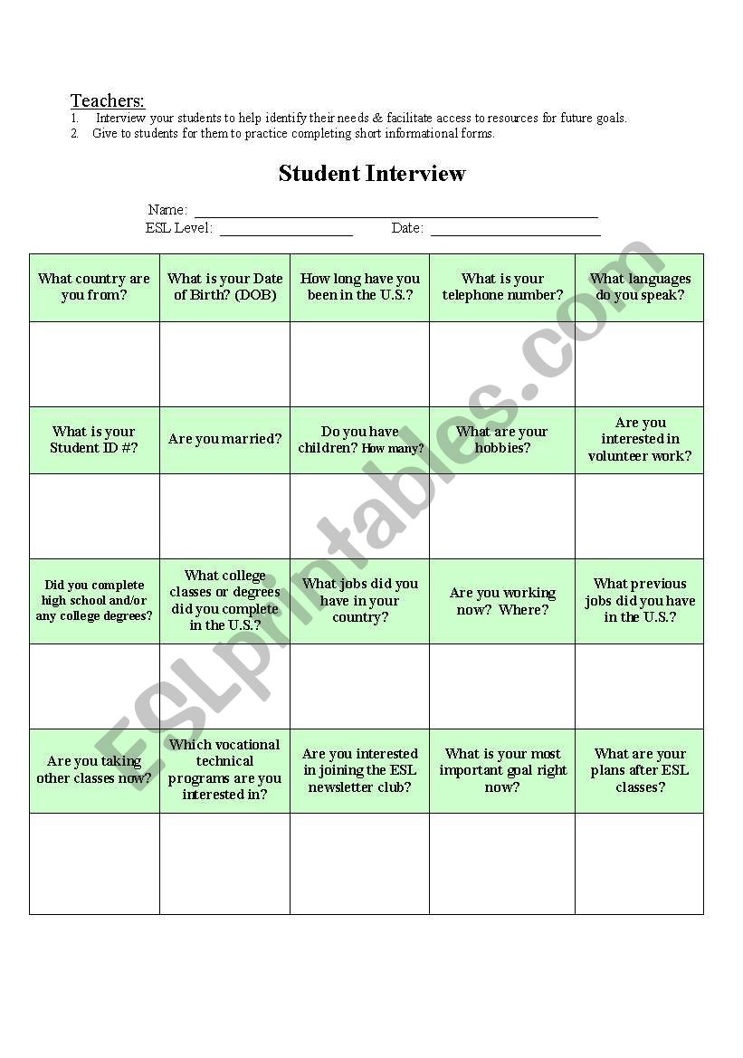 Student Interviews worksheet