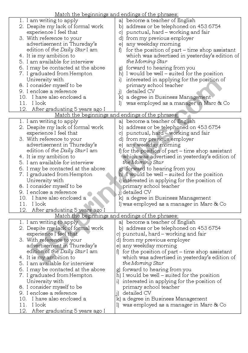 LETTER OF APPLICATION worksheet