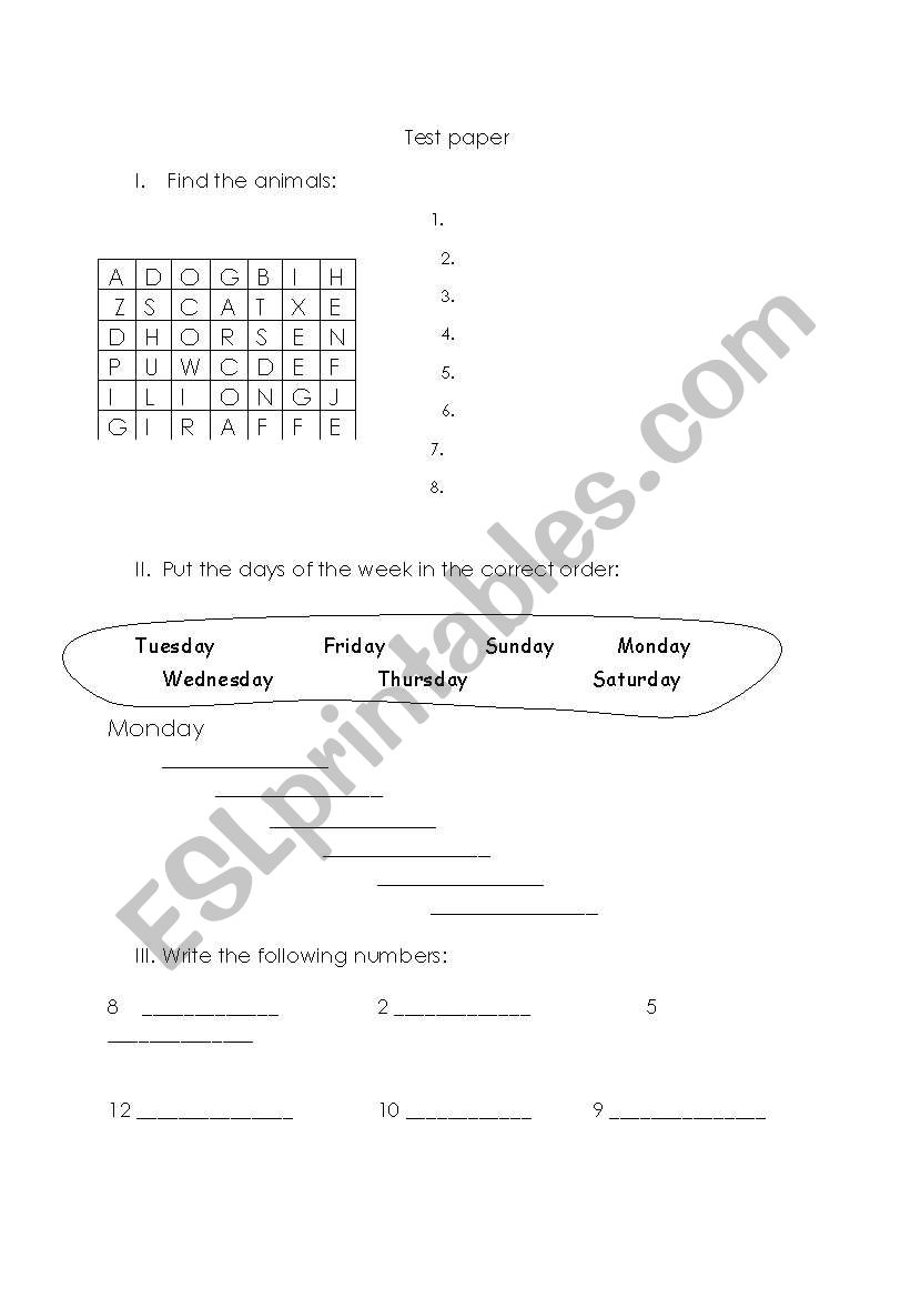 test worksheet