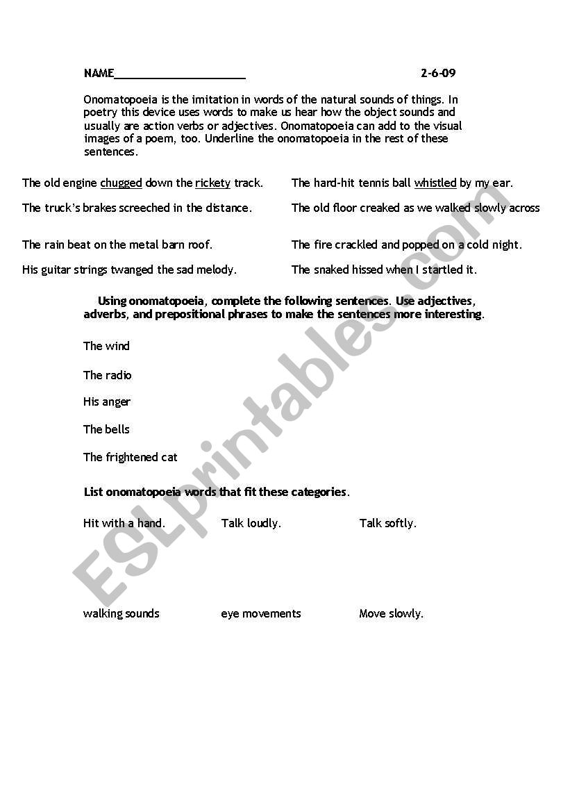 Onomatopoeia Practice worksheet