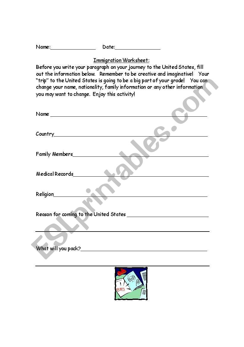 Immigration Worksheet worksheet