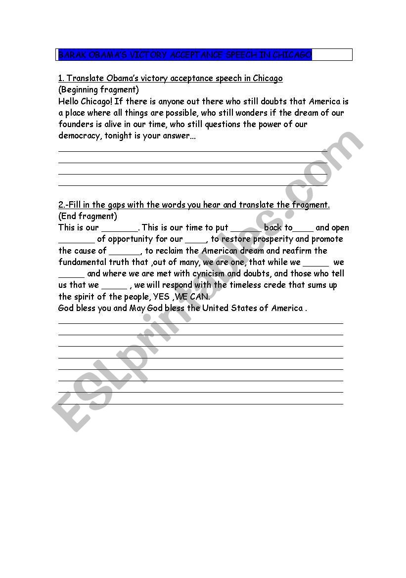Obamas speech worksheet