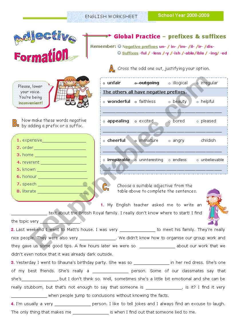 Adjective Formation  -  Global Practice: exercises on the topic taught in the previous 3 worksheets