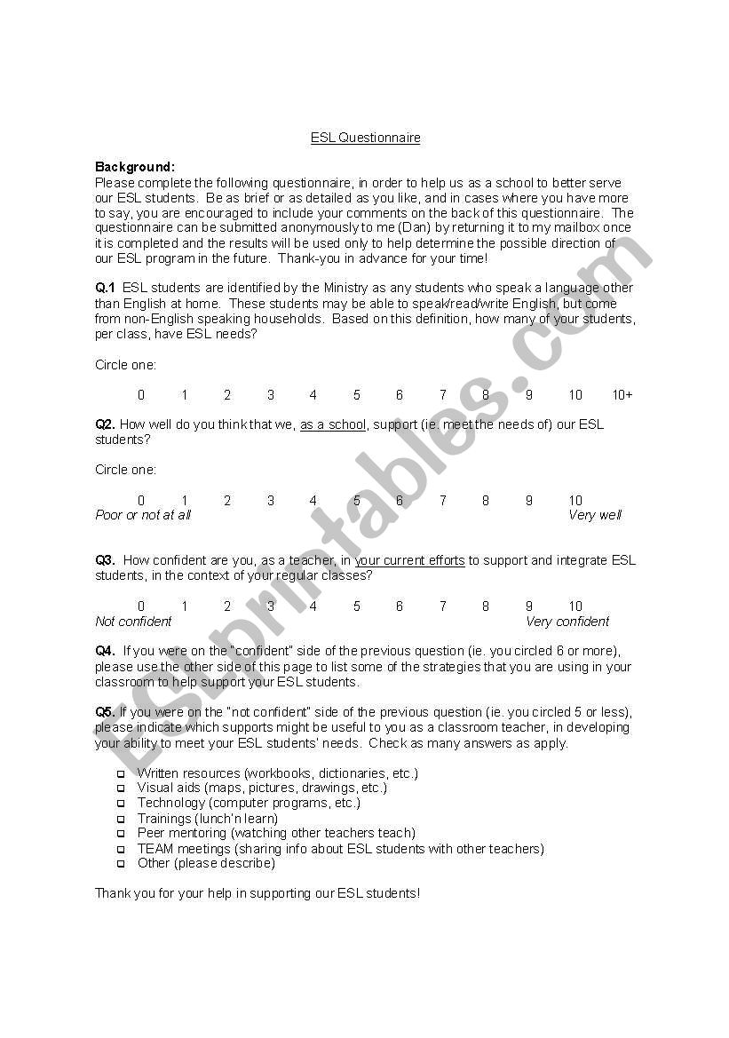 Teacher Questionnaire worksheet