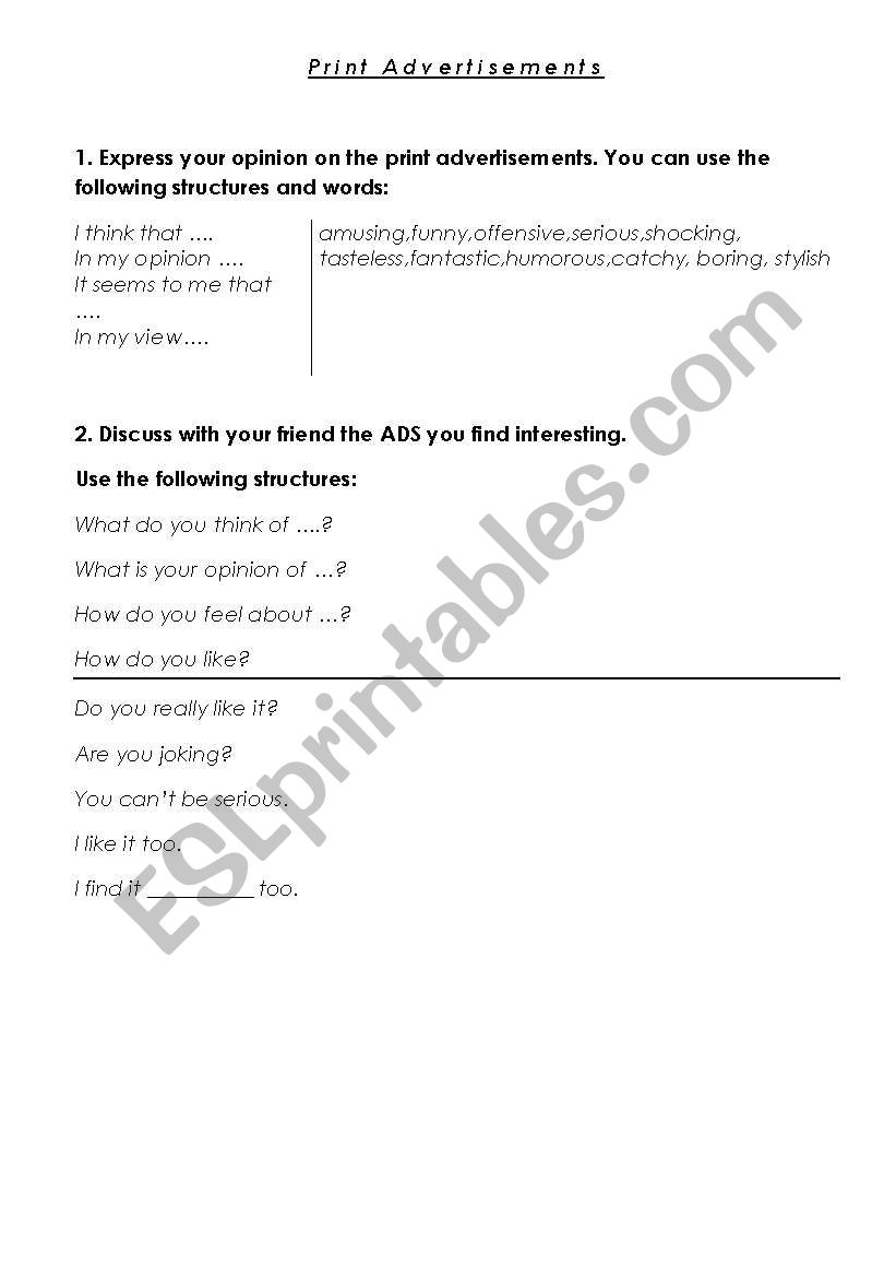 Speaking about advertising worksheet