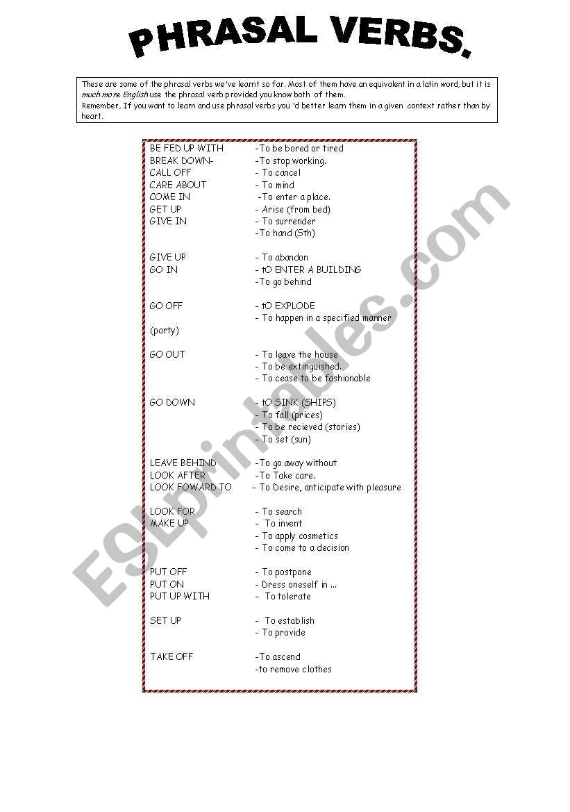 Phrasal verbs: meanings & exercises (key)