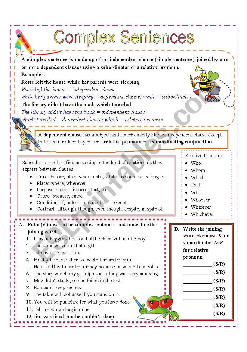 Complex Sentences With Subordinators And Relative Pronouns Esl