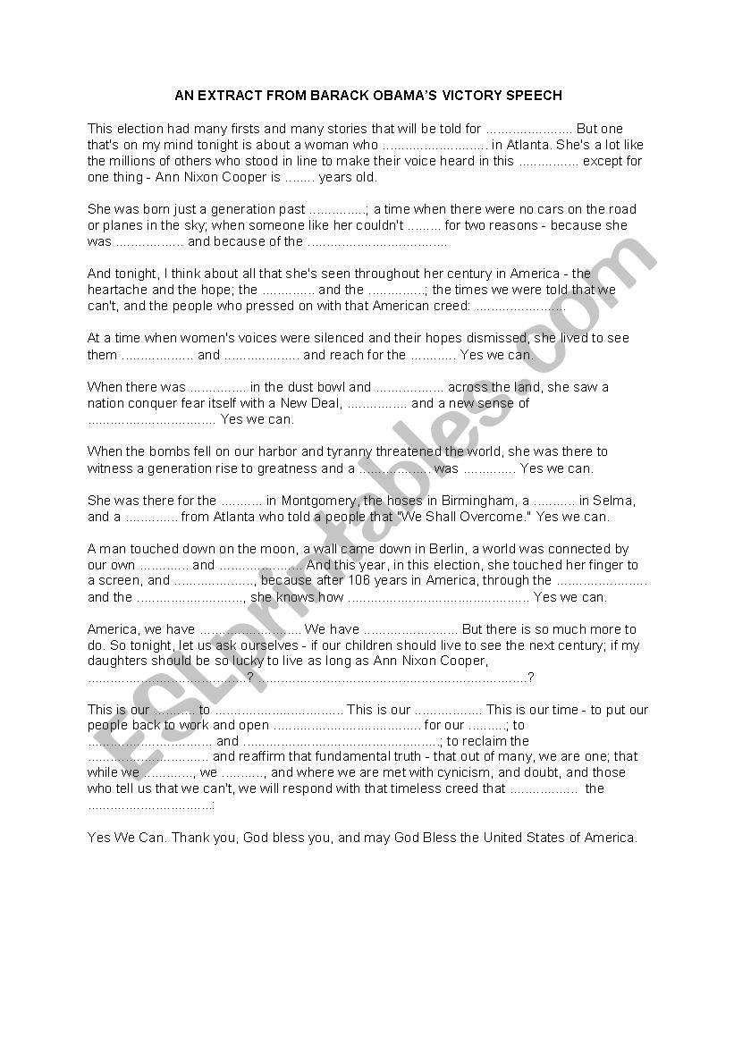 Obamas victory speech worksheet