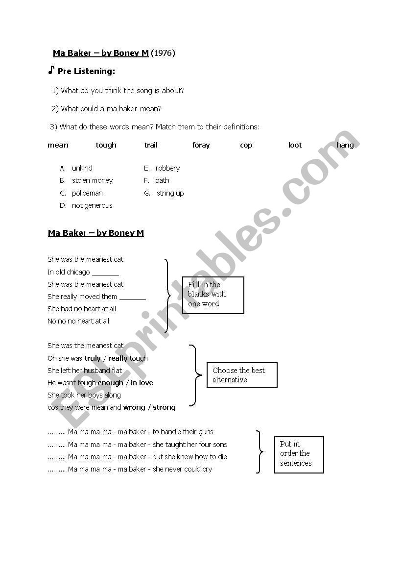 Ma Baker - Boney M worksheet