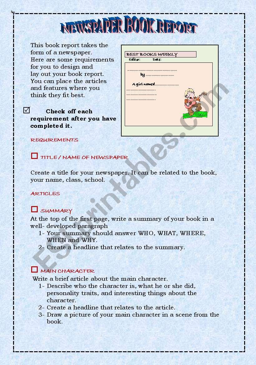 NEWSPAPER BOOK REPORT PROJECT worksheet