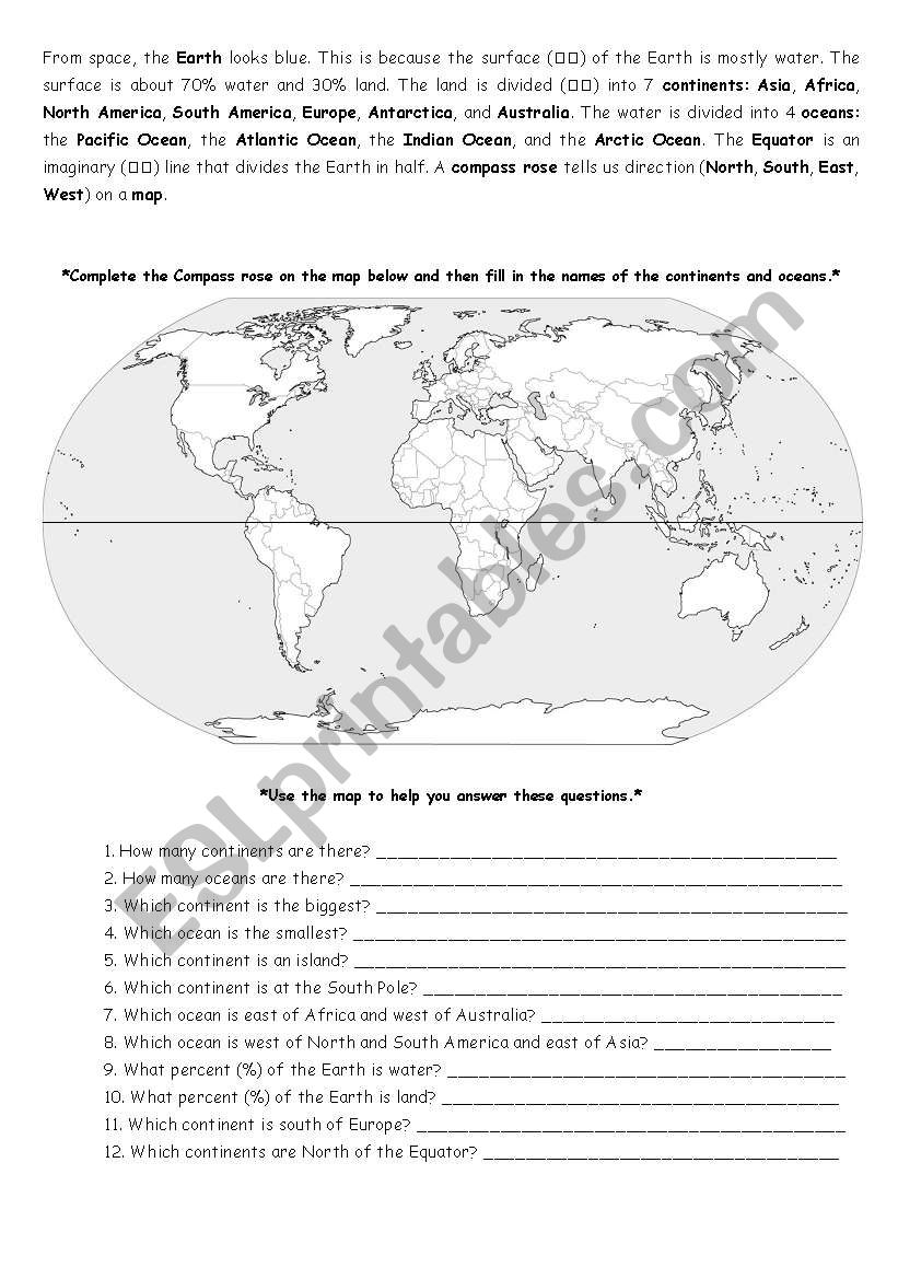 Continents and Oceans  worksheet