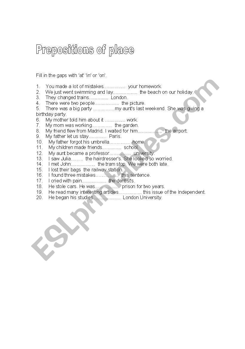 prepositions of place worksheet