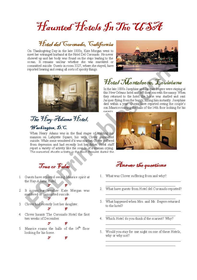 Haunted Hotels in The USA worksheet