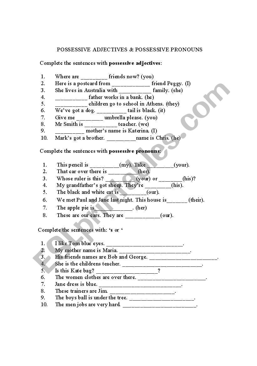 possessive adjectives worksheet