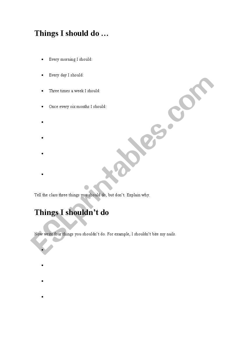 Things I should do worksheet worksheet