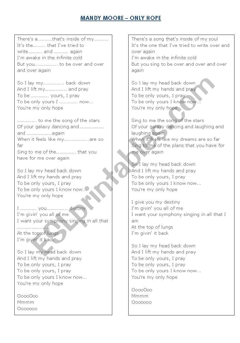 Mandy Moore- Only Hope  worksheet