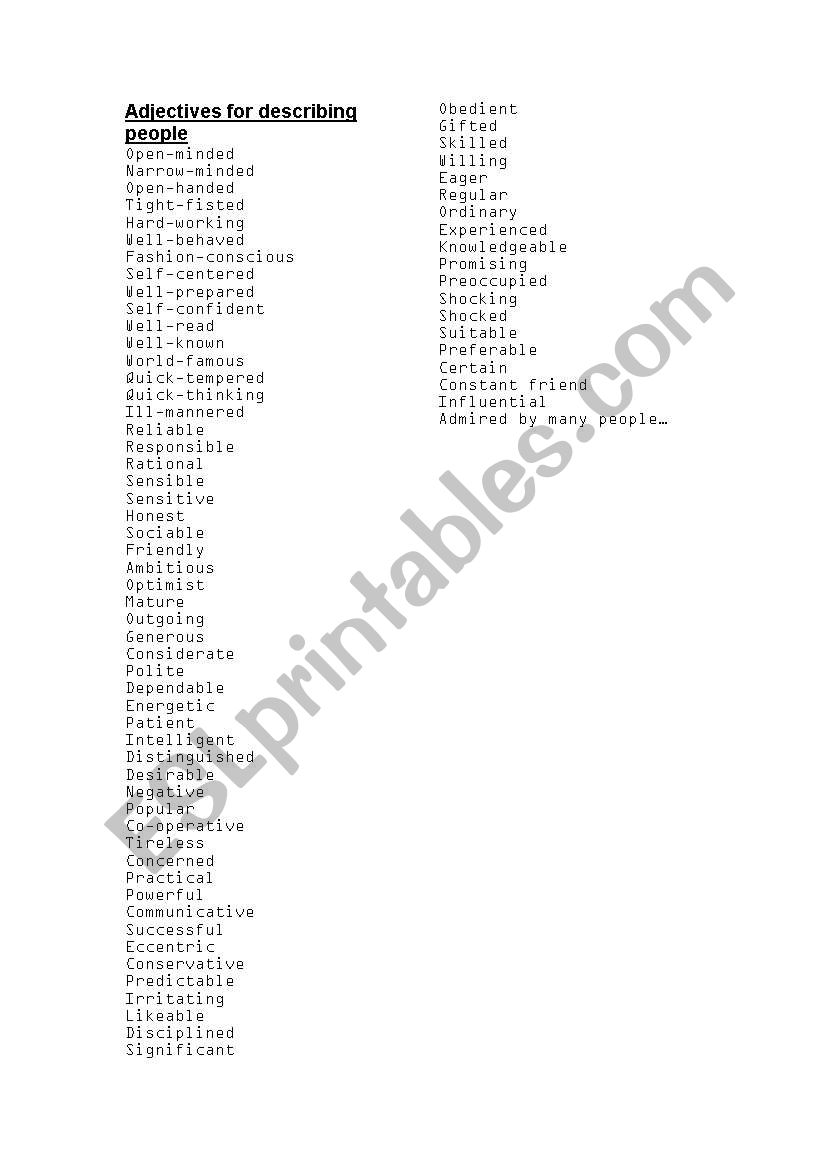 ADJECTIVES FOR DESCRIBING PEOPLE