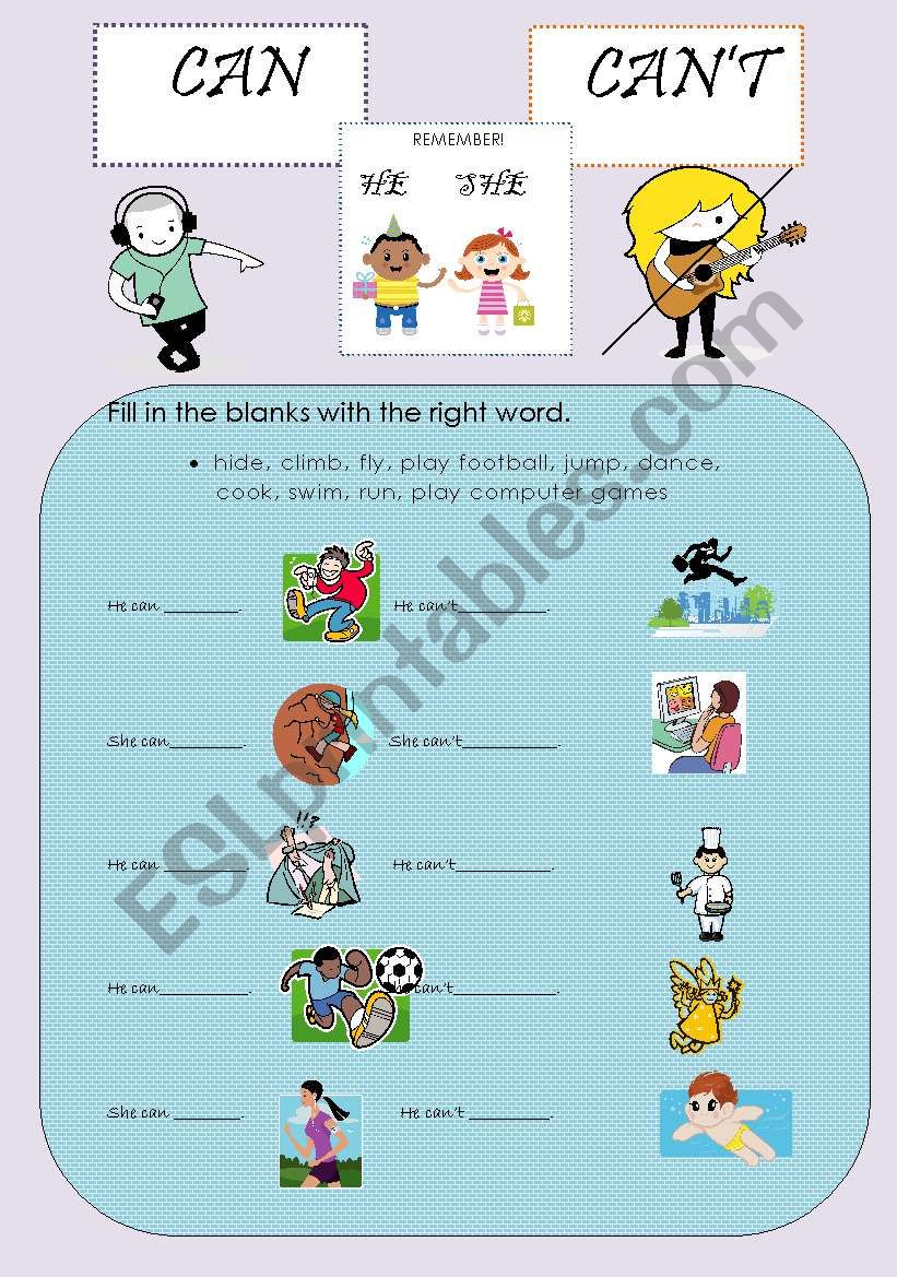 can / canÂ´t,  abilities worksheet