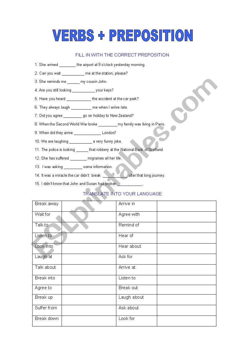 Verbs + Prepositions worksheet